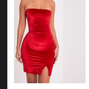 Layala Red Velvet Split Detail Bandeau Dress